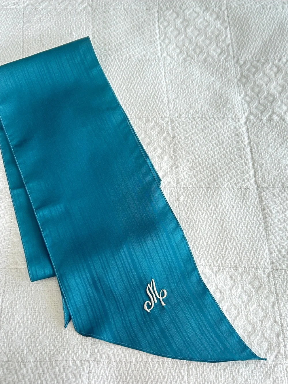 Vintage Teal Blue Green Scarf Monogram M 1970s Career Wear